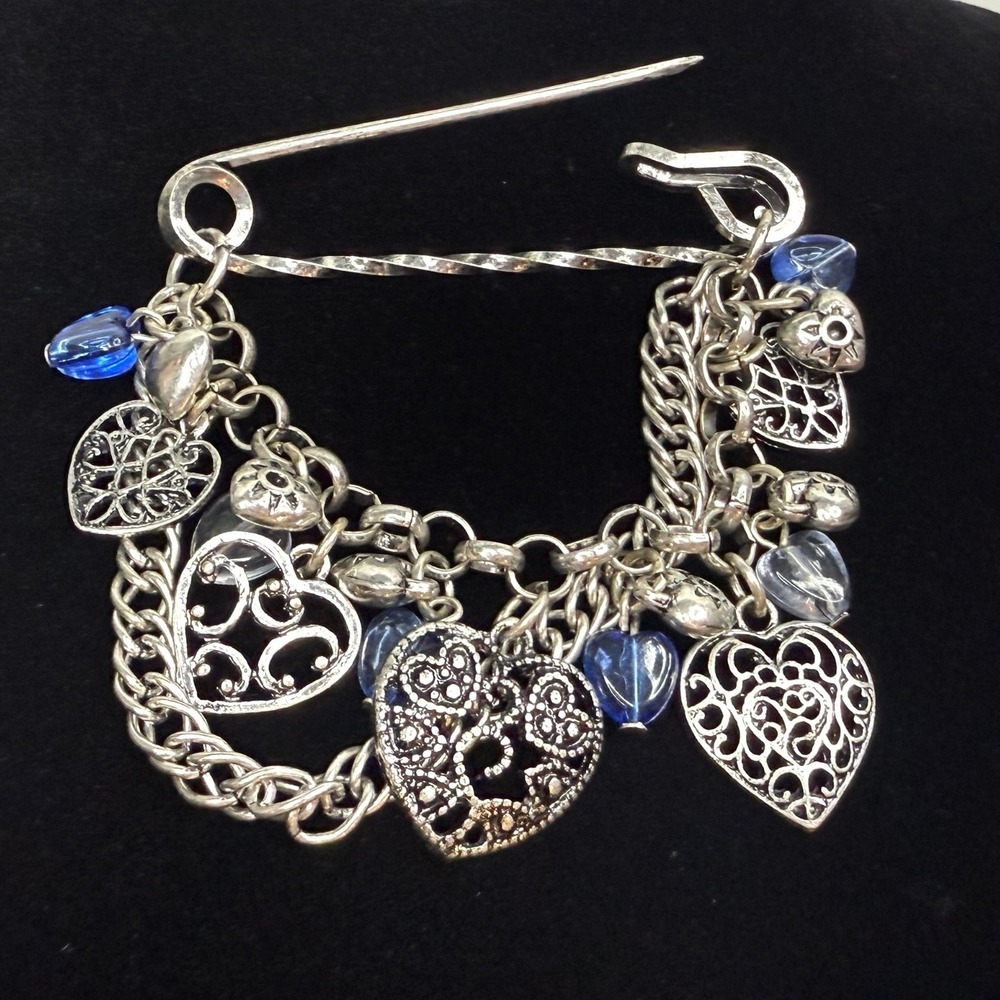 VTG Heart Charm Cluster Lapel Pin Brooch Silver and Blue Beads Statement Jewelry - Picture 3 of 6